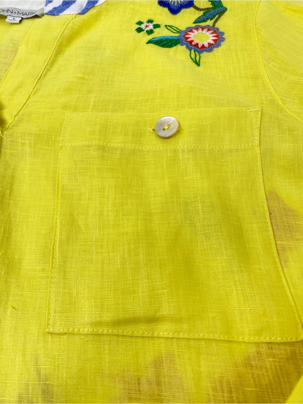 John Mark Blouse Top Linen Yellow Embroidered Mixed Media with Blue Striped Hem - Picture 8 of 13
